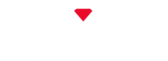 white diamond-shaped emblem with red accent